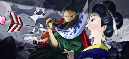 HD anime wallpaper featuring Roronoa Zoro wielding a glowing sword, with Tsuru from One Piece in a dynamic, intense scene.