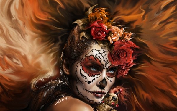 Artistic Sugar Skull Face Blue Eyes Rose Flower HD Wallpaper | Background Image