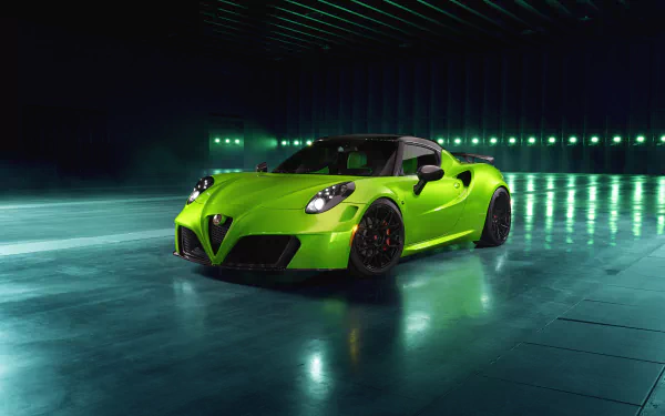 Vibrant green Alfa Romeo 4C supercar showcased in a sleek, modern setting with reflective floor, captured in 4K Ultra HD for PC desktop wallpaper and background.