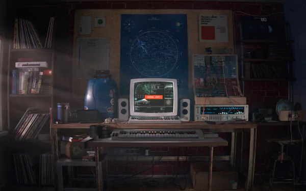 HD desktop wallpaper of a retro computer setup in a room, showcasing vintage technology on a desk with a computer, keyboard, speakers, and other tech equipment, creating a nostalgic atmosphere.