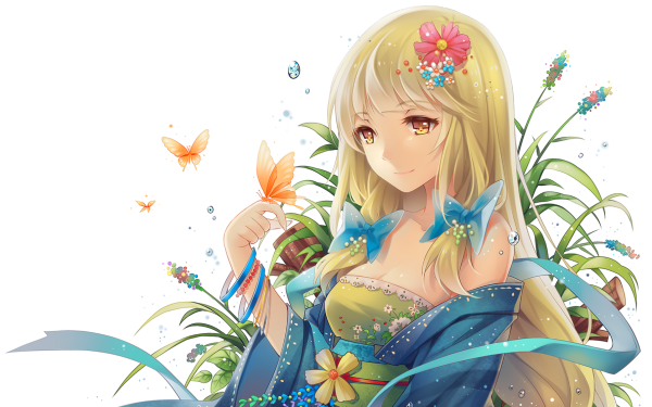Anime Original Blonde Yellow Eyes Flower Kimono Butterfly HD Wallpaper | Background Image