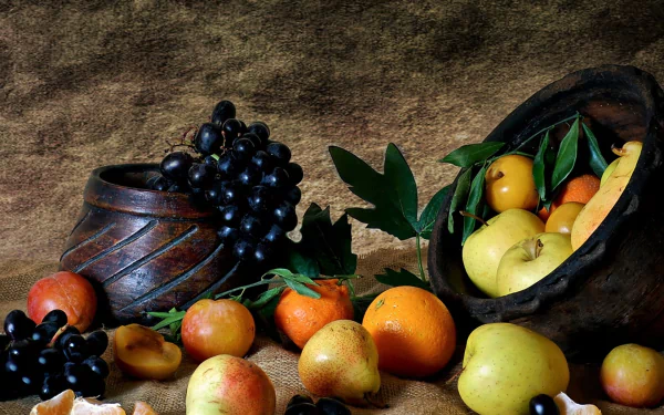 orange (Fruit) vase bowl grapes apple fruit food still life HD Desktop Wallpaper | Background Image