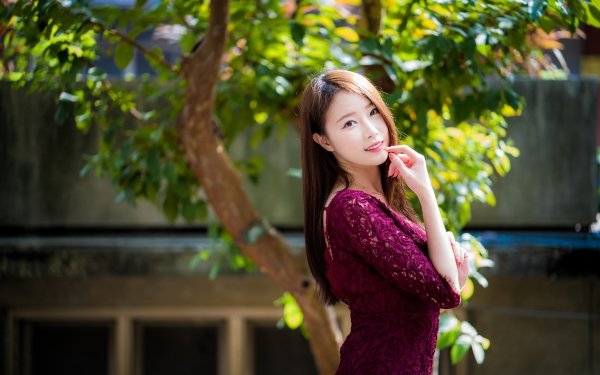 Women Asian Model Depth Of Field Brunette Long Hair Purple Dress HD Wallpaper | Background Image