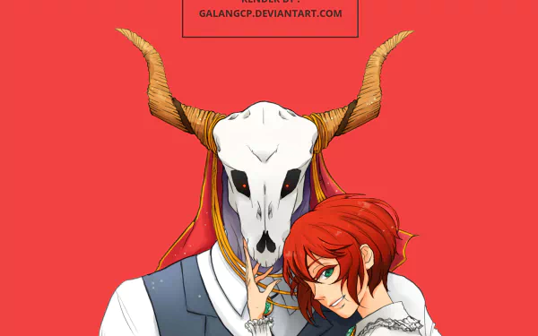 HD PC desktop wallpaper featuring characters from the anime The Ancient Magus' Bride with a vivid red background.