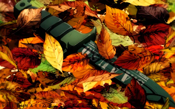 HD desktop wallpaper featuring a green knife from Assassination Classroom tucked amidst vivid autumn leaves, creating a striking blend of colors and themes from the anime.