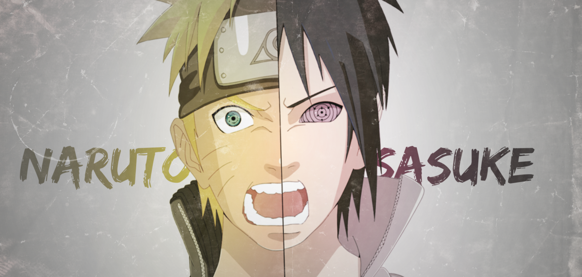 HD PC desktop wallpaper featuring a split image of Naruto Uzumaki and Sasuke Uchiha from the anime Naruto, highlighting their contrasting expressions and iconic features.