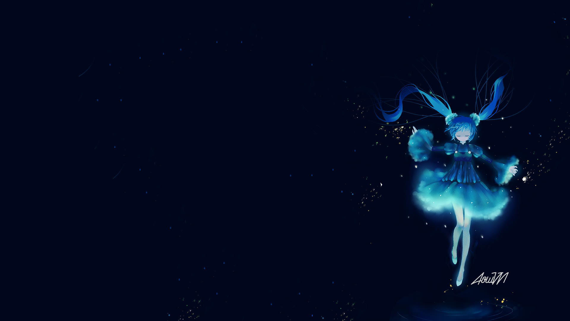 HD PC desktop wallpaper of Hatsune Miku (Vocaloid): glowing blue anime figure drifting over a dark, star-speckled background.