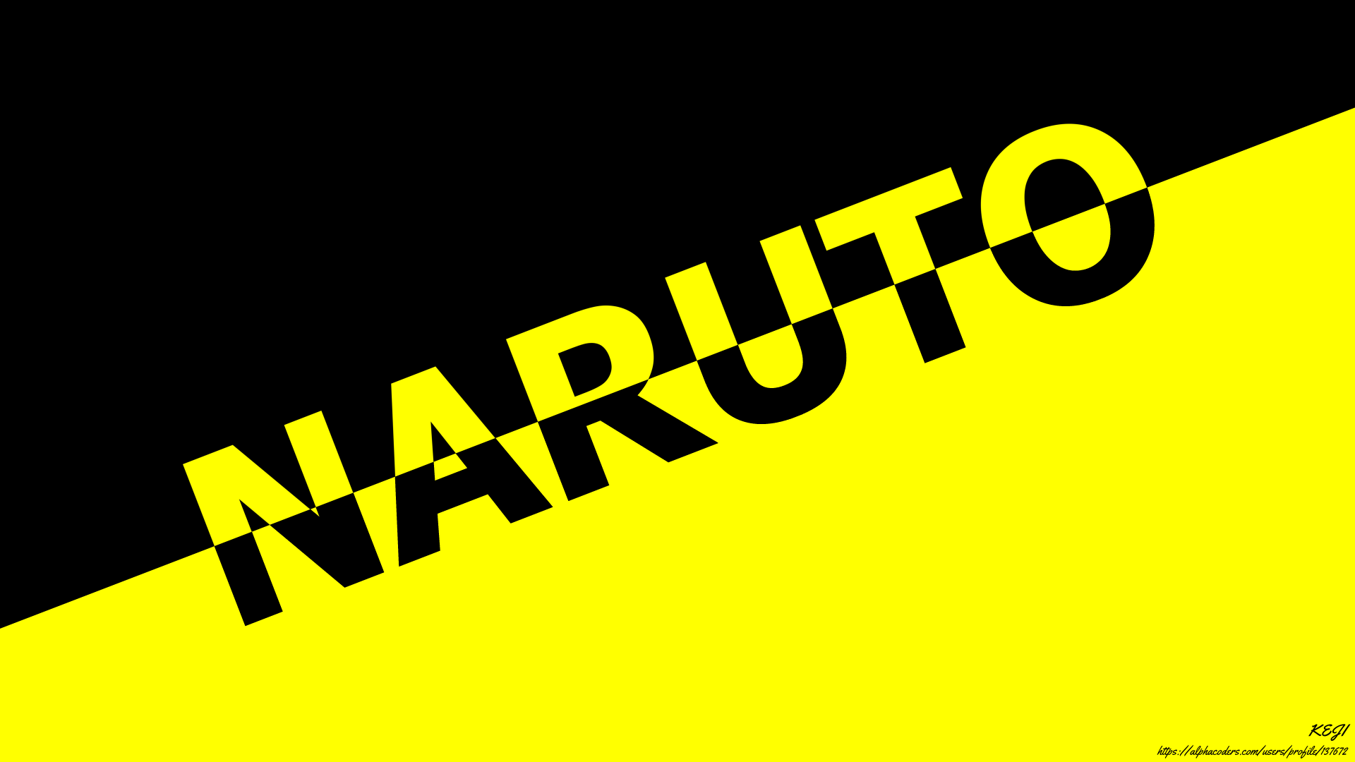 8K Ultra HD Naruto anime PC desktop wallpaper: bold diagonal black-and-yellow split with the slanted word NARUTO spanning the center.