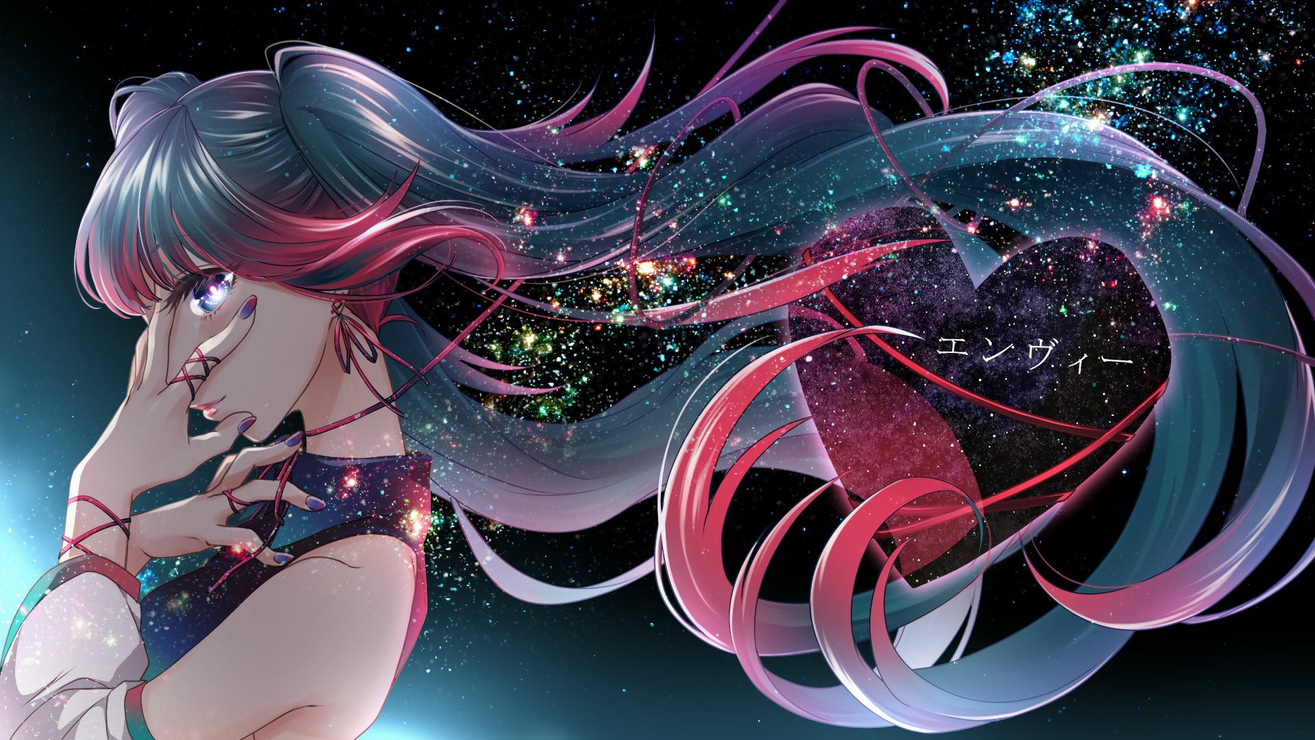 HD desktop wallpaper featuring Hatsune Miku from Vocaloid in an anime-style artwork. She is depicted with flowing, multicolored hair against a starry background, creating a dynamic and vibrant image.