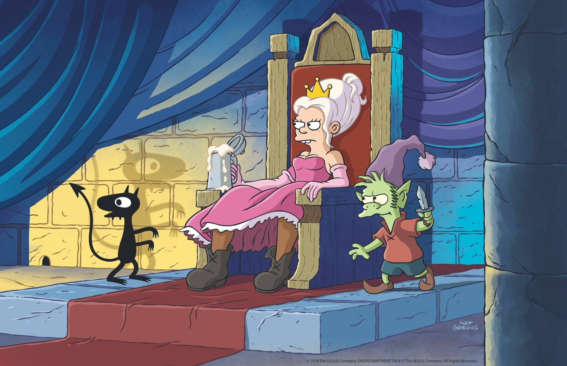5K Ultra HD PC wallpaper of Disenchantment: Princess Bean dozing on her throne as Luci prowls at left and Elfo tiptoes beside her in a dim castle chamber.