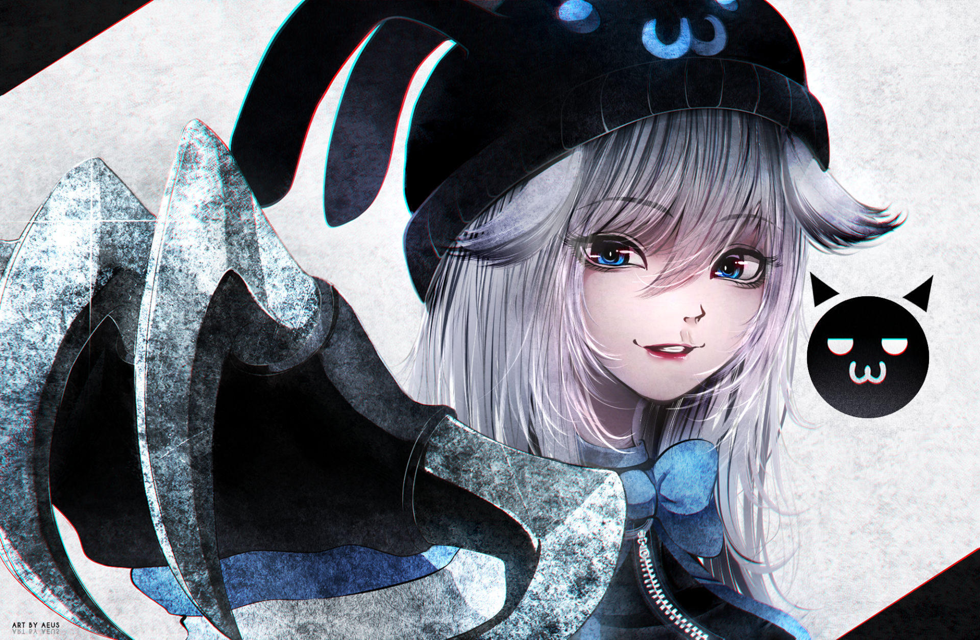 HD desktop wallpaper featuring an anime character with blue eyes, grey long hair, and a hat with a cat motif, smiling and wearing a bow, with a dark and intricate background.