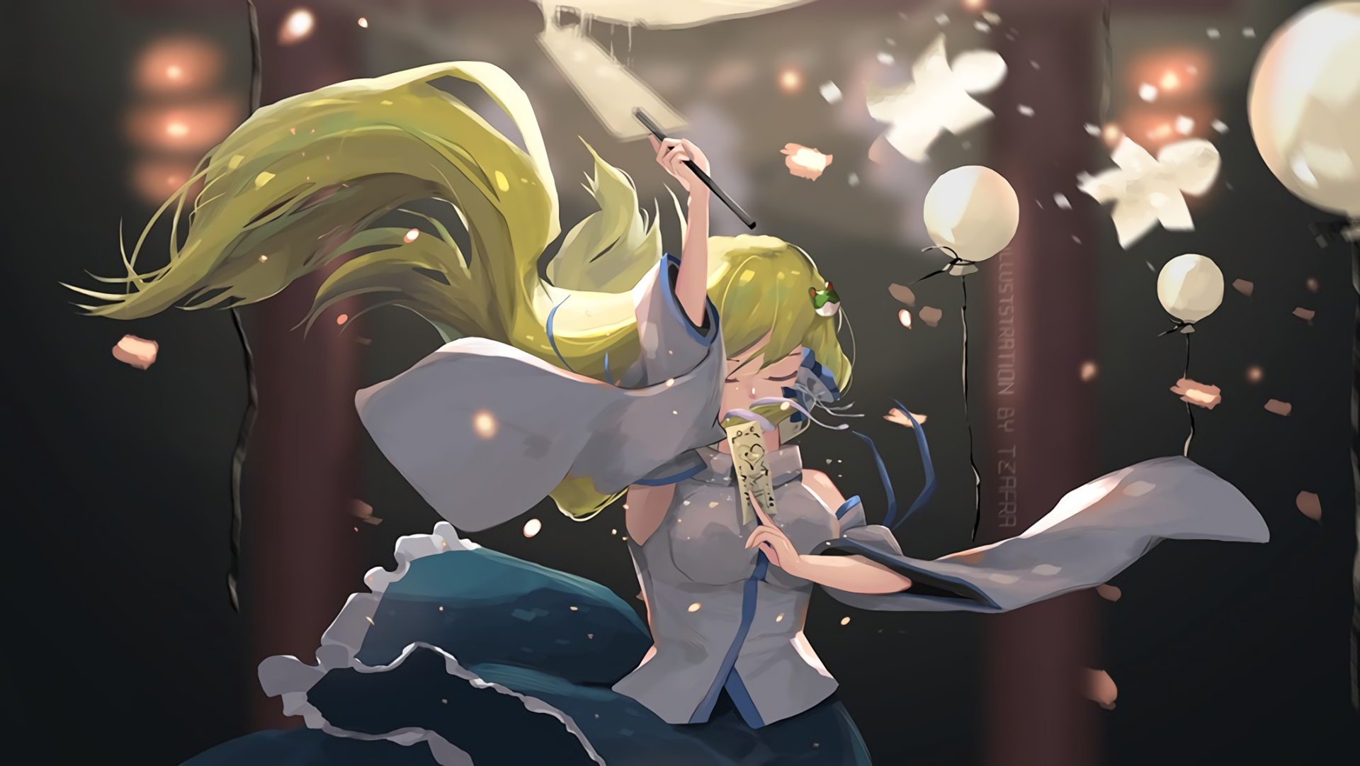 HD PC desktop wallpaper/background of Sanae Kochiya (Touhou) — anime shrine maiden with long green hair and flowing blue-white robes, holding a ritual staff amid floating petals and lights.