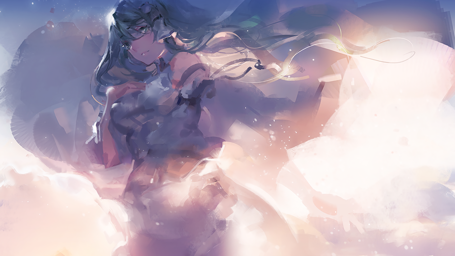 HD anime desktop wallpaper featuring Sanae Kochiya from Touhou, depicted in a soft, ethereal style with flowing colors and a dreamy atmosphere.