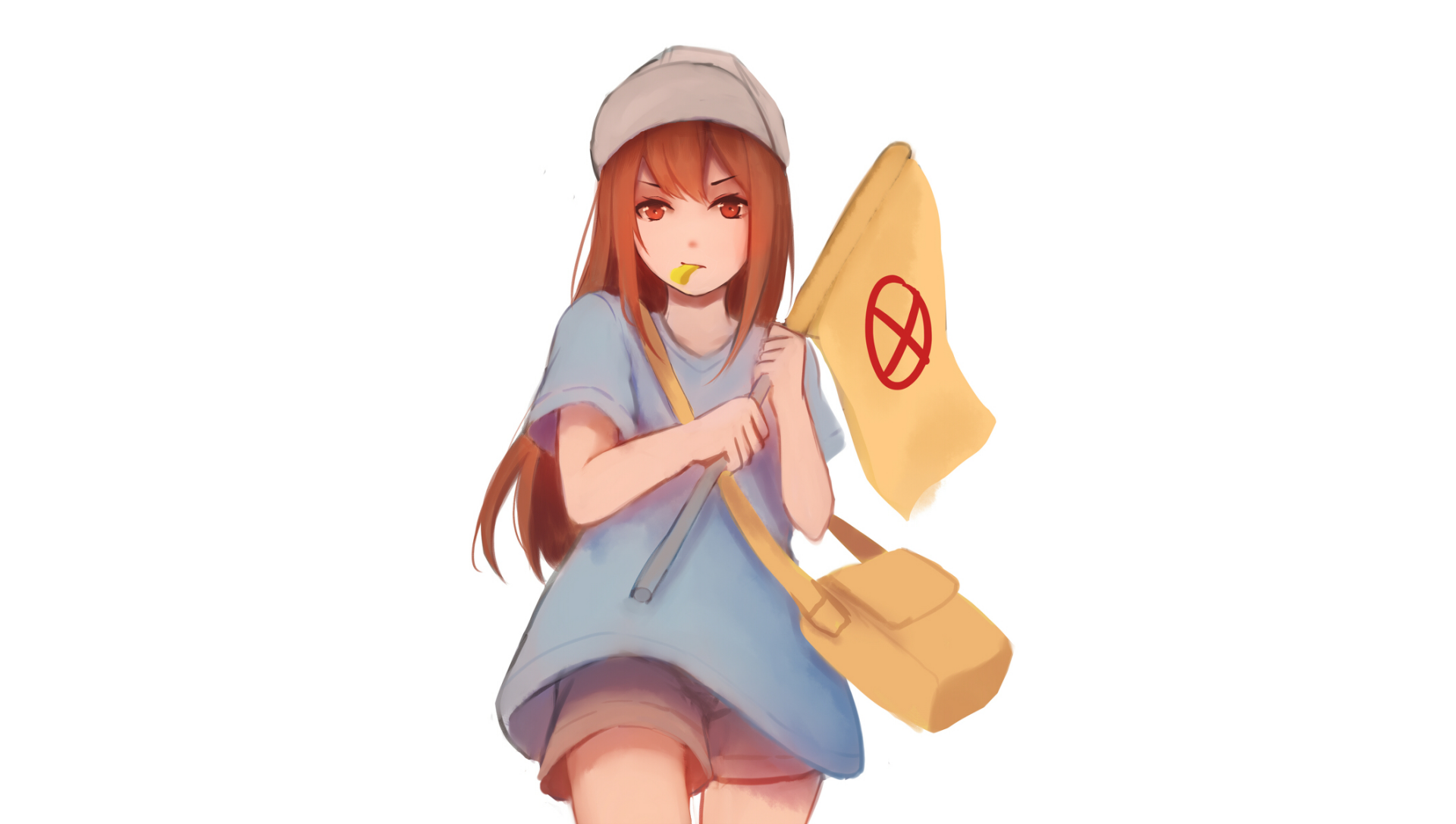 HD PC desktop wallpaper background of Platelet (Cells at Work!) — anime girl in blue dress and cap holding a flag and yellow satchel.