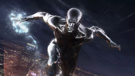 HD PC desktop wallpaper featuring Silver Surfer from the movie Fantastic 4: Rise of the Silver Surfer, depicted soaring with cosmic energy over a cityscape at night.