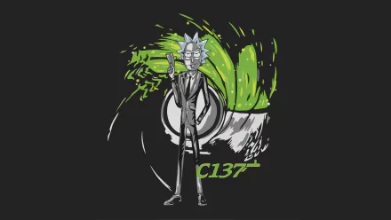 HD desktop wallpaper featuring Rick Sanchez from the TV show Rick and Morty, posted against a stylish green and black abstract background with the text C137.