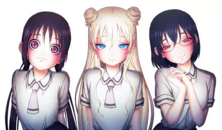 HD desktop wallpaper featuring Olivia, Kasumi Nomura, and Hanako Honda from the anime Asobi Asobase. The three characters are standing side by side in their school uniforms with white backgrounds.
