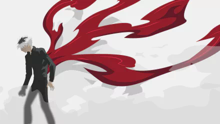 Minimalist HD desktop wallpaper featuring a two-toned hair character with white hair, Kagune, and black outfit from Tokyo Ghoul:re, depicting Ken Kaneki/Haise Sasaki amidst a red, abstract, swirling background.