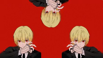 HD PC desktop wallpaper featuring Kurapika from Hunter × Hunter in a striking red background, showcasing the anime character's intense gaze and signature hairstyle.