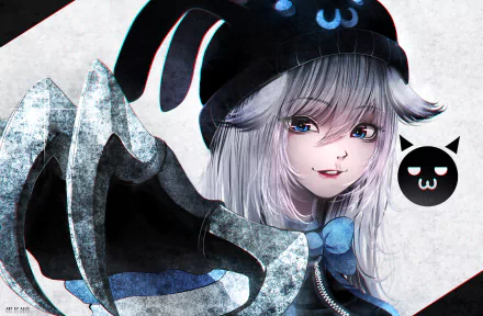 HD desktop wallpaper featuring an anime character with blue eyes, grey long hair, and a hat with a cat motif, smiling and wearing a bow, with a dark and intricate background.