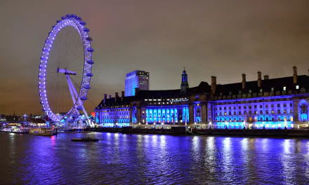 Night view of the illuminated London Eye and nearby buildings reflecting off the Thames River, creating a stunning HD desktop wallpaper and background.