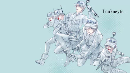 U-1146 from Cells at Work! anime — group of leukocyte characters in white uniforms on a light teal HD PC desktop wallpaper background