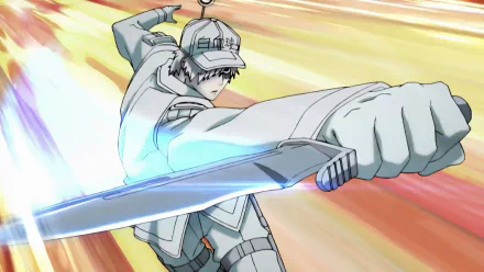 HD PC desktop wallpaper showing U-1146 (Cells At Work!) lunging with a glowing blade — Anime Cells at Work! background.