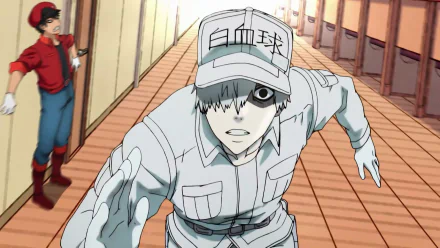 U-1146 (Cells at Work!) anime HD PC desktop wallpaper: white blood cell in uniform sprinting down a corridor, determined expression.