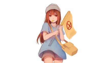 HD PC desktop wallpaper background of Platelet (Cells at Work!) — anime girl in blue dress and cap holding a flag and yellow satchel.