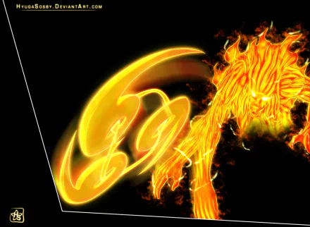 HD PC desktop wallpaper featuring Itachi Uchiha from Naruto, showcasing a fiery, stylized chakra beast with intense yellow and orange flames on a dark background.