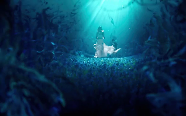 HD PC desktop wallpaper featuring Lunafreya Nox Fleuret and Noctis Lucis Caelum from the video game Final Fantasy XV in a mystical blue forest setting.