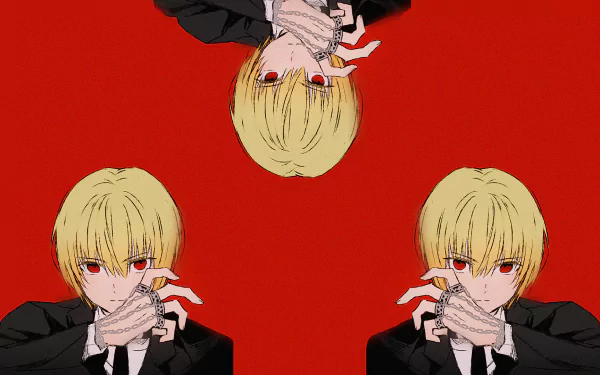 HD PC desktop wallpaper featuring Kurapika from Hunter × Hunter in a striking red background, showcasing the anime character's intense gaze and signature hairstyle.