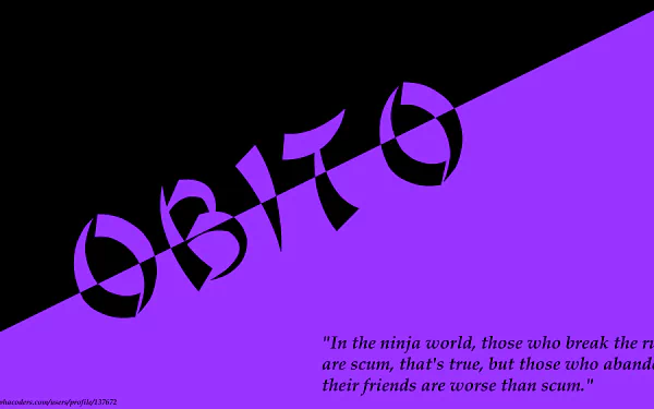 8K Ultra HD PC desktop wallpaper and background: stylized OBITO across a diagonal purple/black field with an Obito Uchiha quote from the anime Naruto.