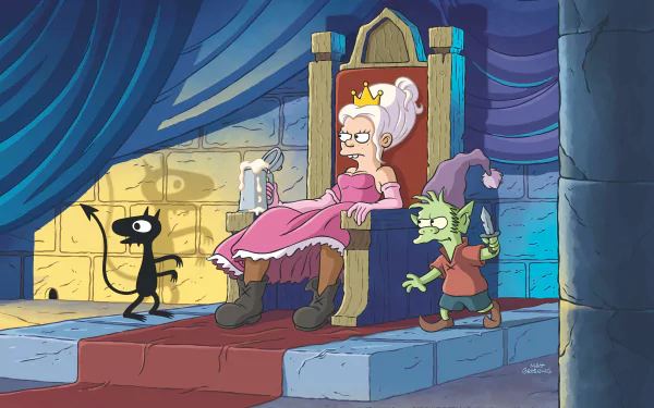 5K Ultra HD PC wallpaper of Disenchantment: Princess Bean dozing on her throne as Luci prowls at left and Elfo tiptoes beside her in a dim castle chamber.