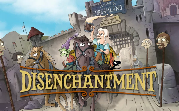 HD PC wallpaper of the Disenchantment TV show: Bean rides a horse with Elfo and demon Luci before Dreamland's castle gate, a large Disenchantment banner across the scene.