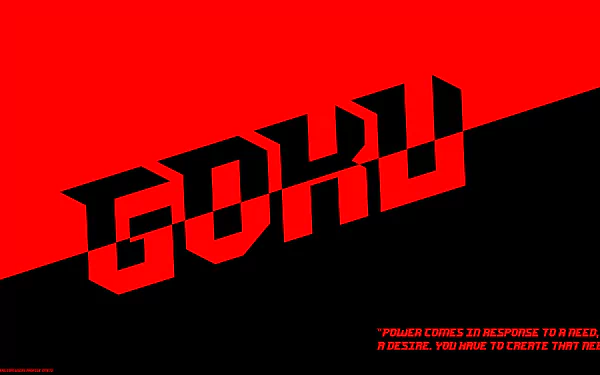 Red-and-black diagonal wallpaper featuring stylized 'GOKU' text and a small quote; Dragon Ball Super anime 8K Ultra HD PC desktop background.