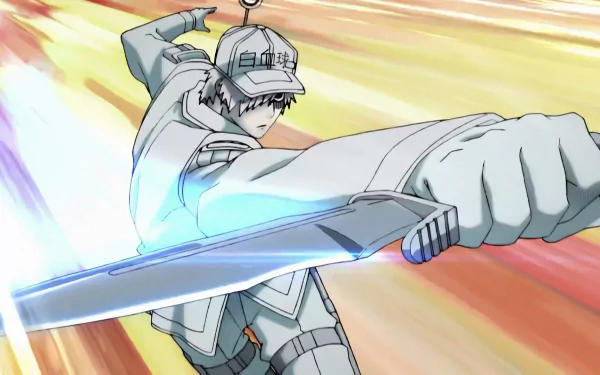 HD PC desktop wallpaper showing U-1146 (Cells At Work!) lunging with a glowing blade — Anime Cells at Work! background.