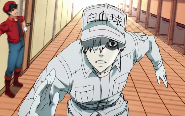 U-1146 (Cells at Work!) anime HD PC desktop wallpaper: white blood cell in uniform sprinting down a corridor, determined expression.