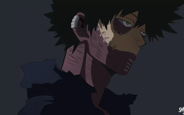This HD desktop wallpaper features a close-up of Dabi from Boku No Hero Academia, showcasing his black hair, scars, and blue eyes in an anime style from My Hero Academia.