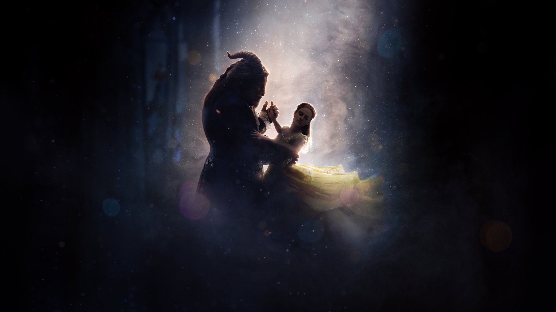 4K Ultra HD desktop wallpaper from the movie Beauty and the Beast (2017) showing a silhouette of the Beast and Belle dancing in a softly lit, magical atmosphere.