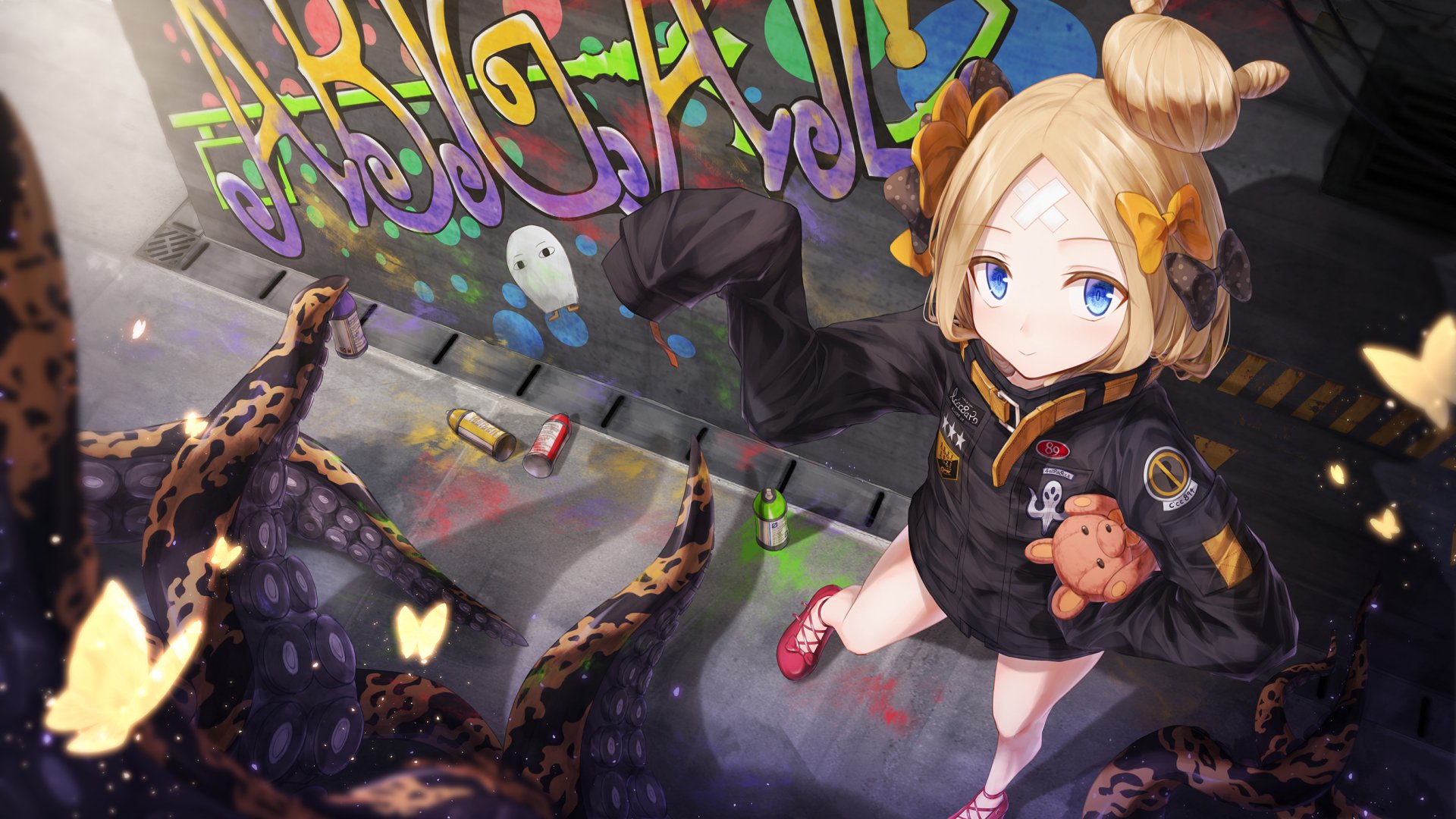Anime-style HD PC desktop wallpaper featuring Abigail Williams from Fate/Grand Order with striking blue eyes, holding a teddy bear, and vibrant graffiti in the background.