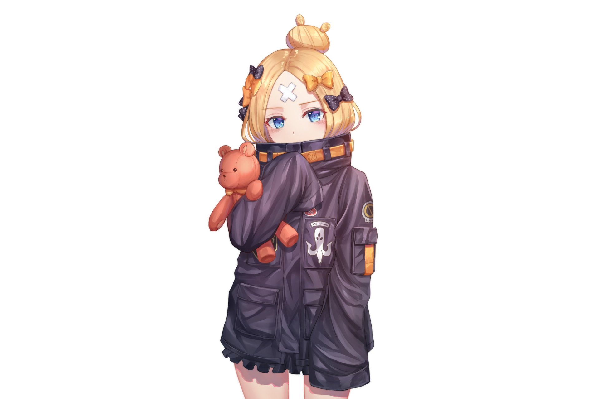 HD anime wallpaper featuring Abigail Williams from Fate/Grand Order, wearing a dark jacket and holding a small teddy bear against a white background.