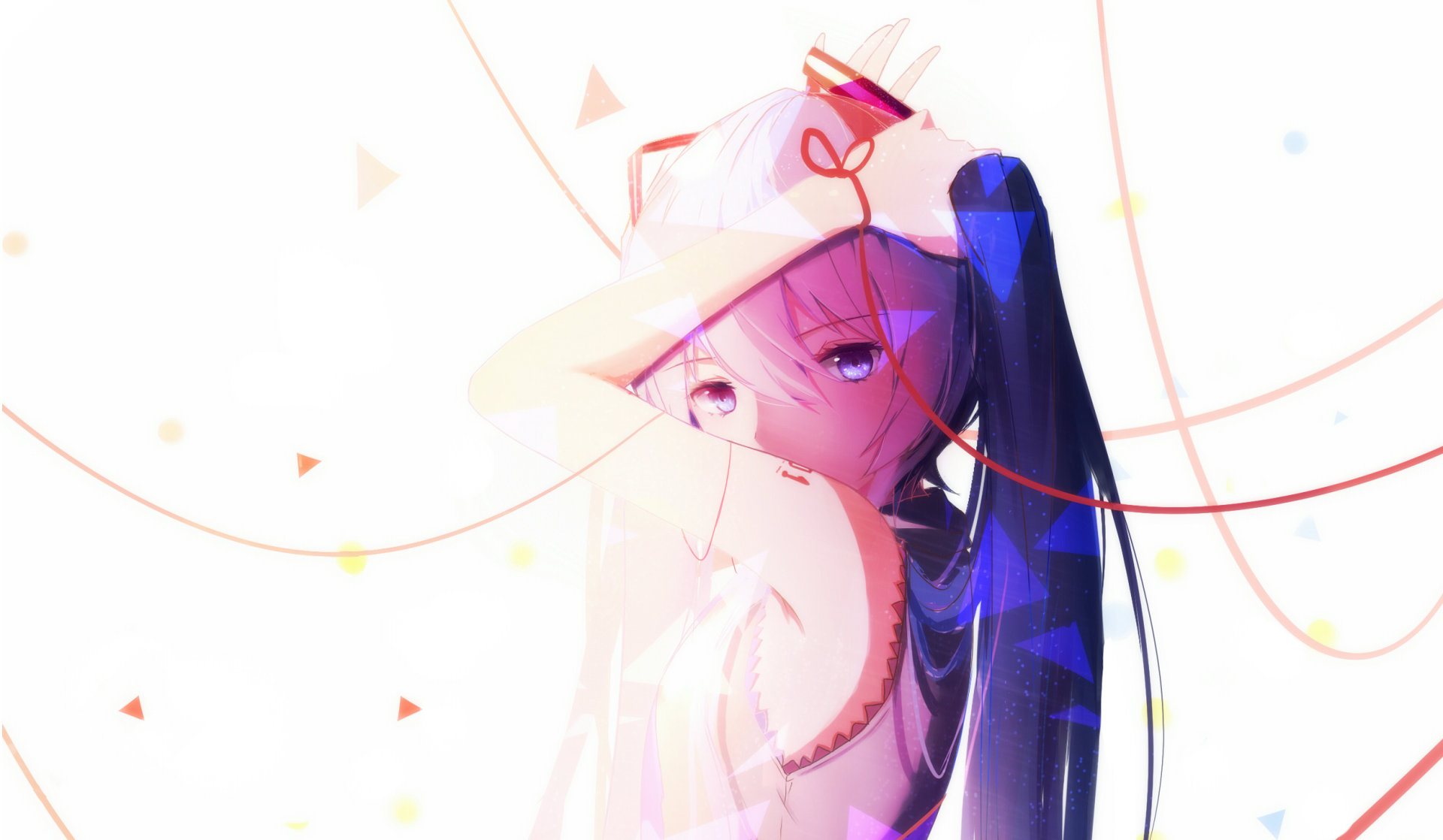 A vibrant HD wallpaper featuring Hatsune Miku with twintails, blue eyes, and long blue hair, set in an abstract, colorful background. This anime Vocaloid character stands confidently, with a mix of playful and serene expressions.