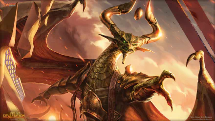 HD PC desktop wallpaper depicting Nicol Bolas, Magic: The Gathering's menacing dragon planeswalker, wings unfurled against a fiery, storm-tossed sky.
