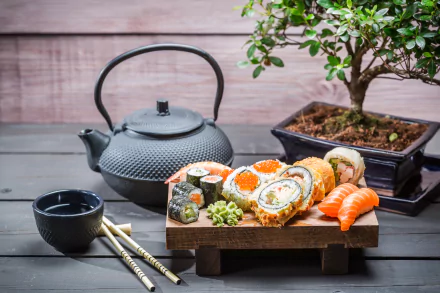 A 4K Ultra HD still life featuring sushi and seafood arranged on a wooden tray, accompanied by a black teapot, teacup, chopsticks, and a bonsai tree on a wooden surface.