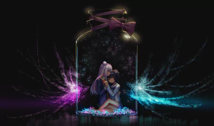 HD desktop wallpaper of Satō Matsuzaka and Shio Kōbe from the anime Happy Sugar Life. The image features the characters embracing inside a glowing glass jar with ethereal light trails.