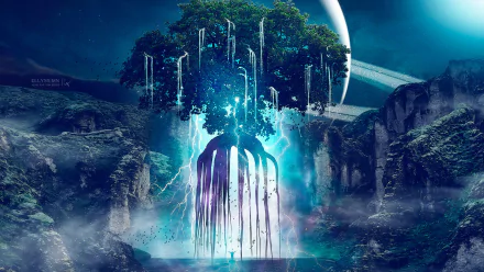 HD fantasy desktop wallpaper depicting a magical tree with glowing roots, surrounded by a mystical landscape and a planet in the background.