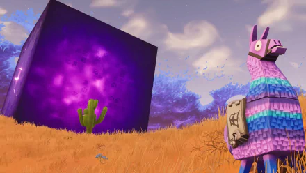 HD desktop wallpaper featuring Fortnite Battle Royale with a large purple cube, a cactus, and a colorful llama piñata under a cloudy sky.