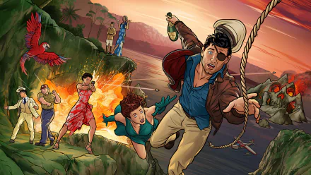 4K Ultra HD desktop wallpaper featuring Sterling Archer and characters from Archer (TV Show) in an action-packed scene with explosions and vibrant colors.