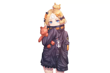HD anime wallpaper featuring Abigail Williams from Fate/Grand Order, wearing a dark jacket and holding a small teddy bear against a white background.